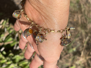 Antique Early Portuguese Silver Gold Gilt Enamel Charm Bracelet 833 12 Charms Water Pitchers / Tea Kettles Bell Great Gift