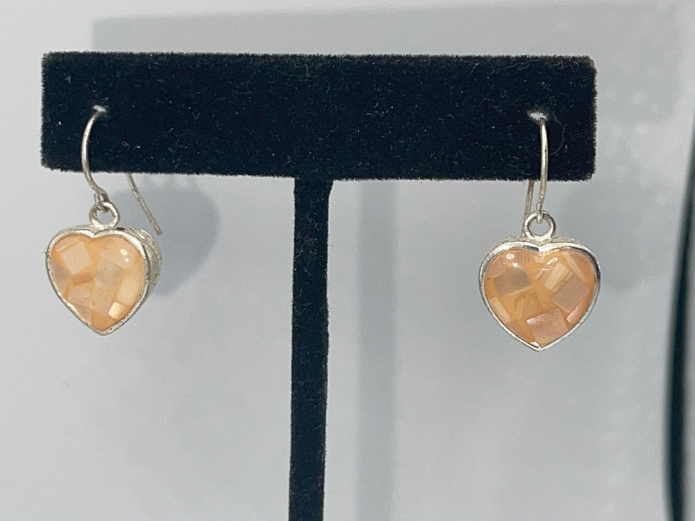 Vintage Heart Dangle Earrings Shell Peach Mother of pearl Sterling Silver 925