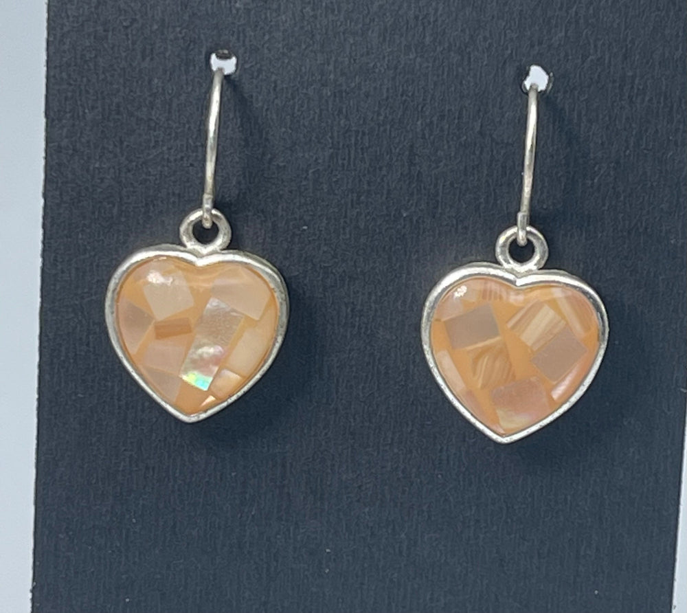 Vintage Heart Dangle Earrings Shell Peach Mother of pearl Sterling Silver 925