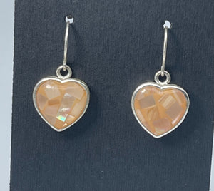 Vintage Heart Dangle Earrings Shell Peach Mother of pearl Sterling Silver 925
