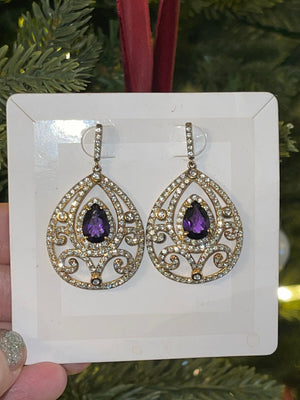 Beautiful large teardrop shape earrings NWT ? Vintage Original price tag 249 amethyst/clear cz - crystals Cocktail - holiday party