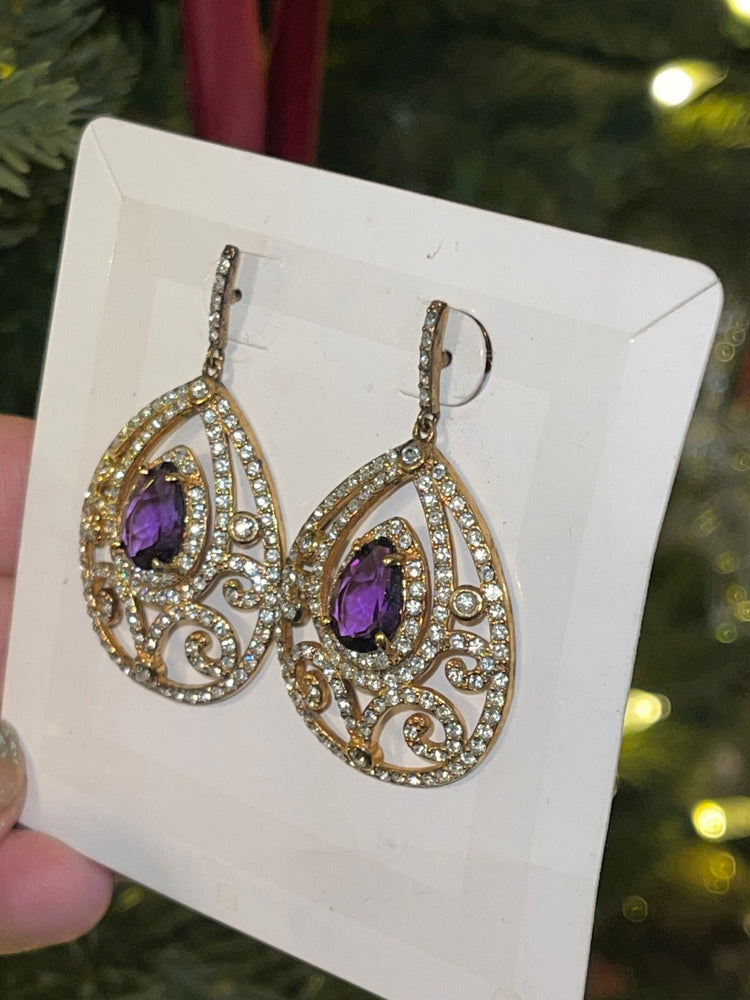 Beautiful large teardrop shape earrings NWT ? Vintage Original price tag 249 amethyst/clear cz - crystals Cocktail - holiday party