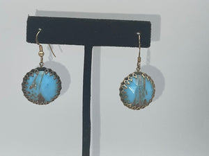Antique Hubble Glass Turquoise and Gold Flecked Round Earrings Gold tone. Unusual!