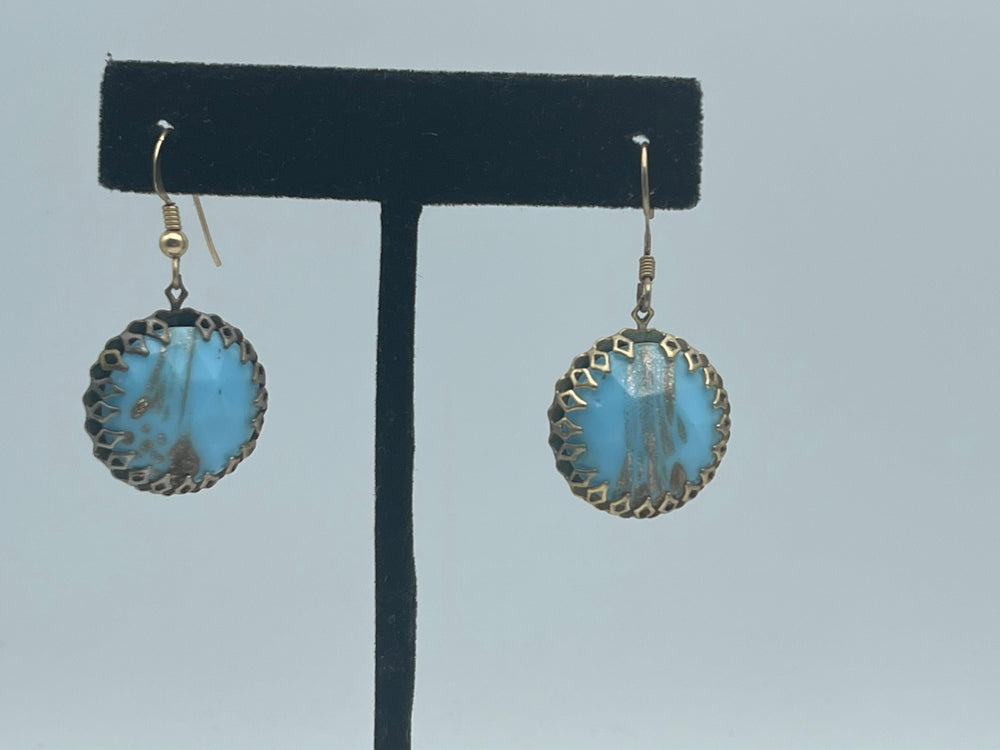 Antique Hubble Glass Turquoise and Gold Flecked Round Earrings Gold tone. Unusual!