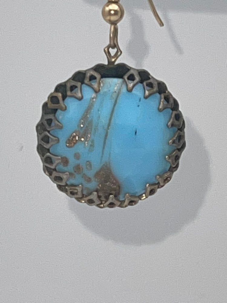 Antique Hubble Glass Turquoise and Gold Flecked Round Earrings Gold tone. Unusual!