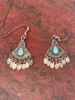 Vintage Sterling Silver 925 Turquoise Gemstone Earrings Tribal Tassels