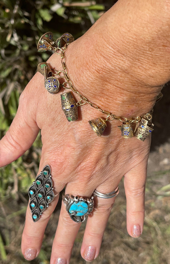 Antique Early Portuguese Silver Gold Gilt Enamel Charm Bracelet 833 12 Charms Water Pitchers / Tea Kettles Bell Great Gift