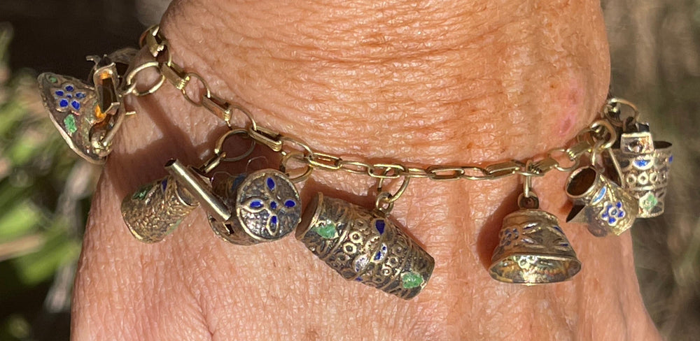 Antique Early Portuguese Silver Gold Gilt Enamel Charm Bracelet 833 12 Charms Water Pitchers / Tea Kettles Bell Great Gift