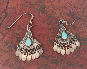 Vintage Sterling Silver 925 Turquoise Gemstone Earrings Tribal Tassels