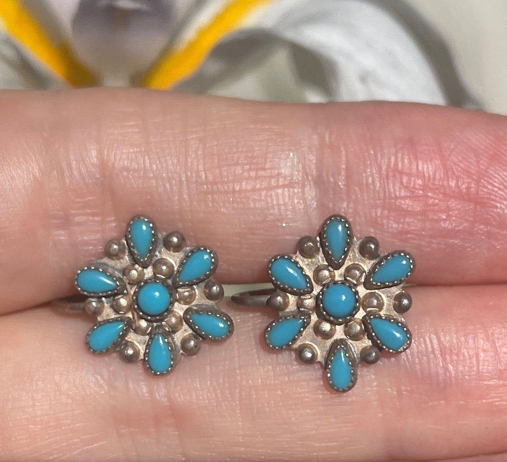 Vintage Native American Turquoise Earrings Screw Back Southwestern sunburst Sterling Silver Fred Harvey Era