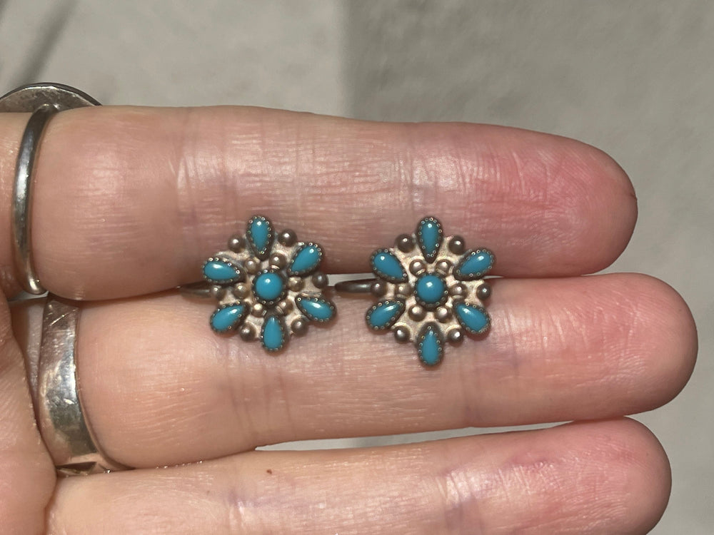 Vintage Native American Turquoise Earrings Screw Back Southwestern sunburst Sterling Silver Fred Harvey Era