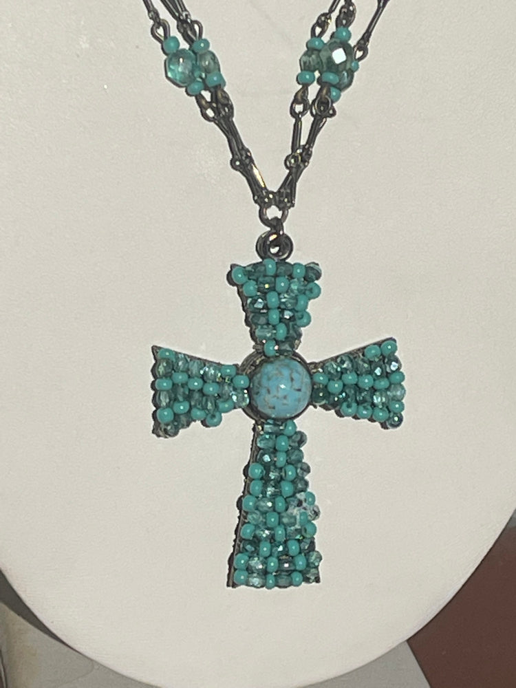 Vintage Turquoise Blue Beaded Glass Necklace w Cross Pendant Designer Miriam Haskell
