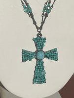 Vintage Turquoise Blue Beaded Glass Necklace w Cross Pendant Designer Miriam Haskell