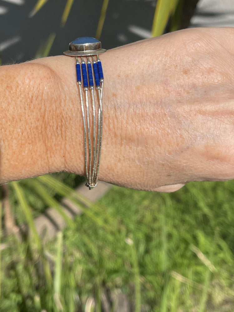 Vintage Southwestern Sterling Silver Bracelet Liquid Silver Lapis Lazuli Native American 7.25 Inches