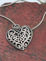 Vintage Filigree Open framework Heart Pendant w Chain Sterling Silver 925