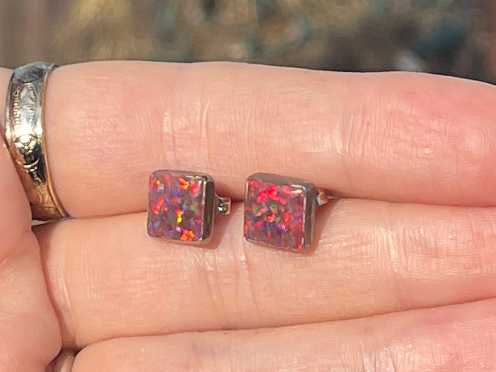Vintage Crushed Fire Opal Stud Earrings Sterling Silver Southwestern