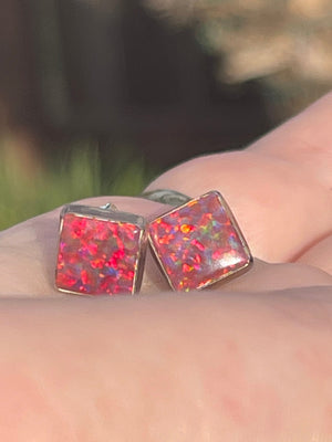 Vintage Crushed Fire Opal Stud Earrings Sterling Silver Southwestern