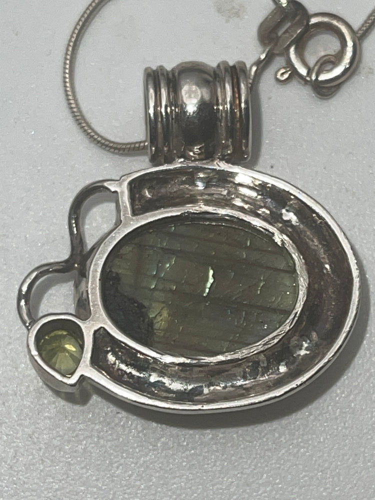 Beautiful Labradorite Gemstone Pendant with Peridot Abstract Modernist Sterling Silver 925 w Chain 20.25 inches