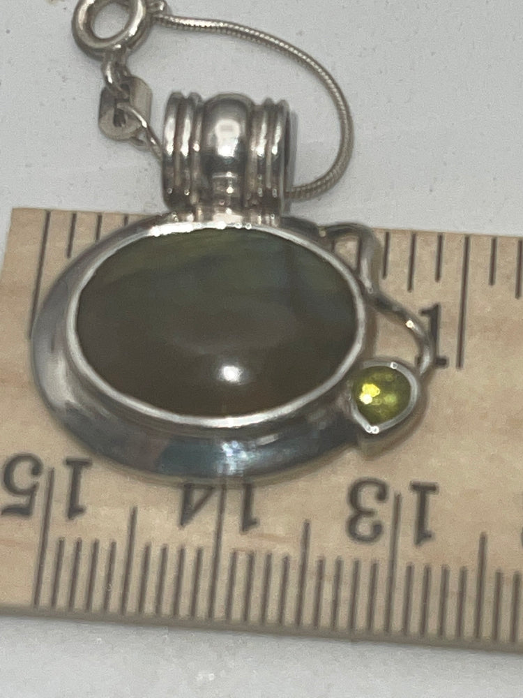 Beautiful Labradorite Gemstone Pendant with Peridot Abstract Modernist Sterling Silver 925 w Chain 20.25 inches
