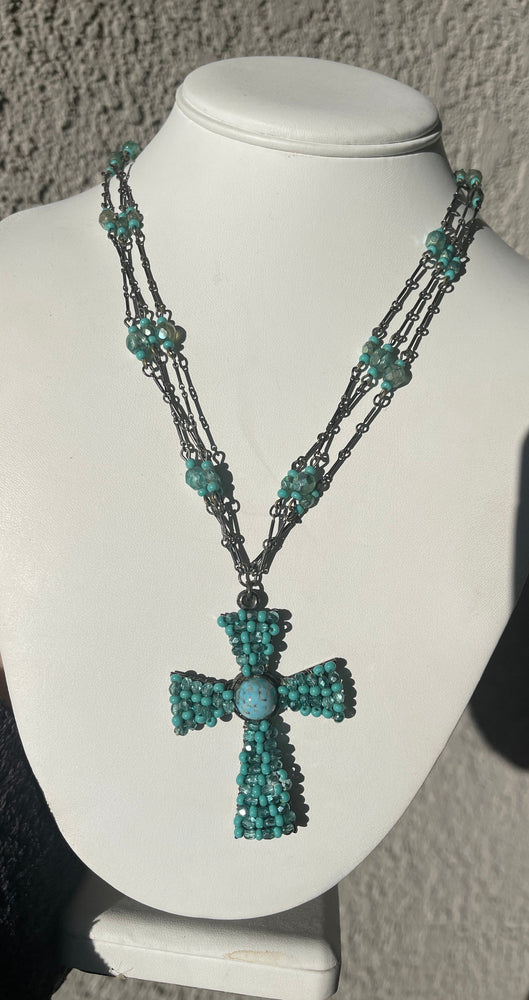 Vintage Turquoise Blue Beaded Glass Necklace w Cross Pendant Designer Miriam Haskell