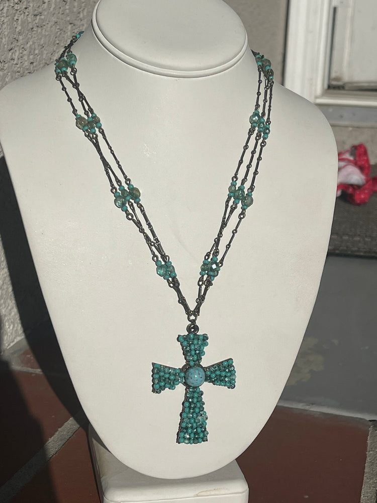 Vintage Turquoise Blue Beaded Glass Necklace w Cross Pendant Designer Miriam Haskell