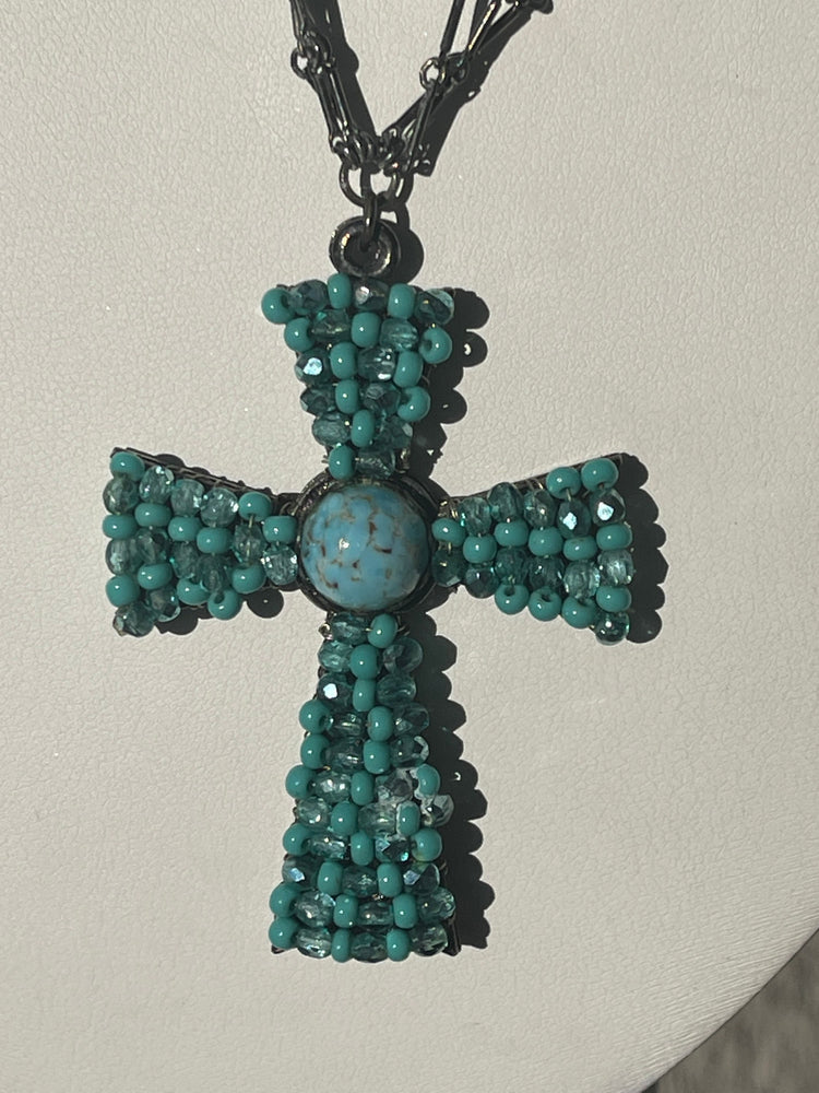 Vintage Turquoise Blue Beaded Glass Necklace w Cross Pendant Designer Miriam Haskell