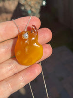 Big Antique- Vintage Genuine Amber Pendant Butterscotch/ Egg Yolk Color Abstract Form Pearl Sterling Silver Chain