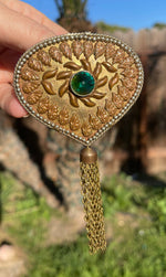 Huge Victorian - Art Deco Brass Brooch Green Glass Center  Tassels Fringe Big C Clasp