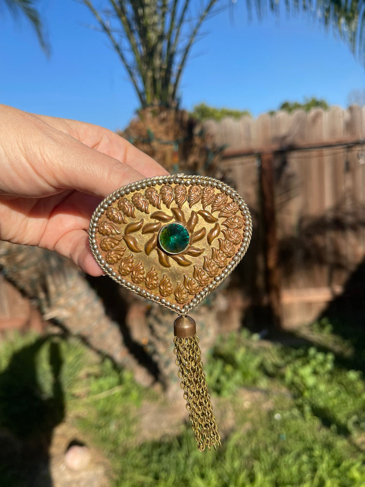 Huge Victorian - Art Deco Brass Brooch Green Glass Center  Tassels Fringe Big C Clasp
