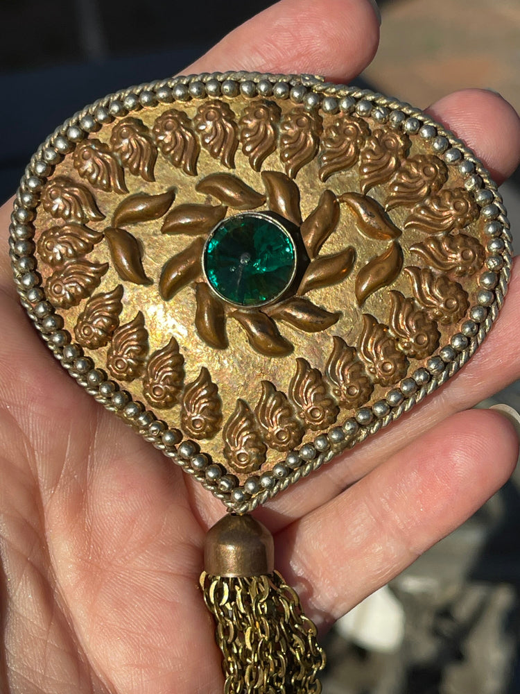Huge Victorian - Art Deco Brass Brooch Green Glass Center  Tassels Fringe Big C Clasp
