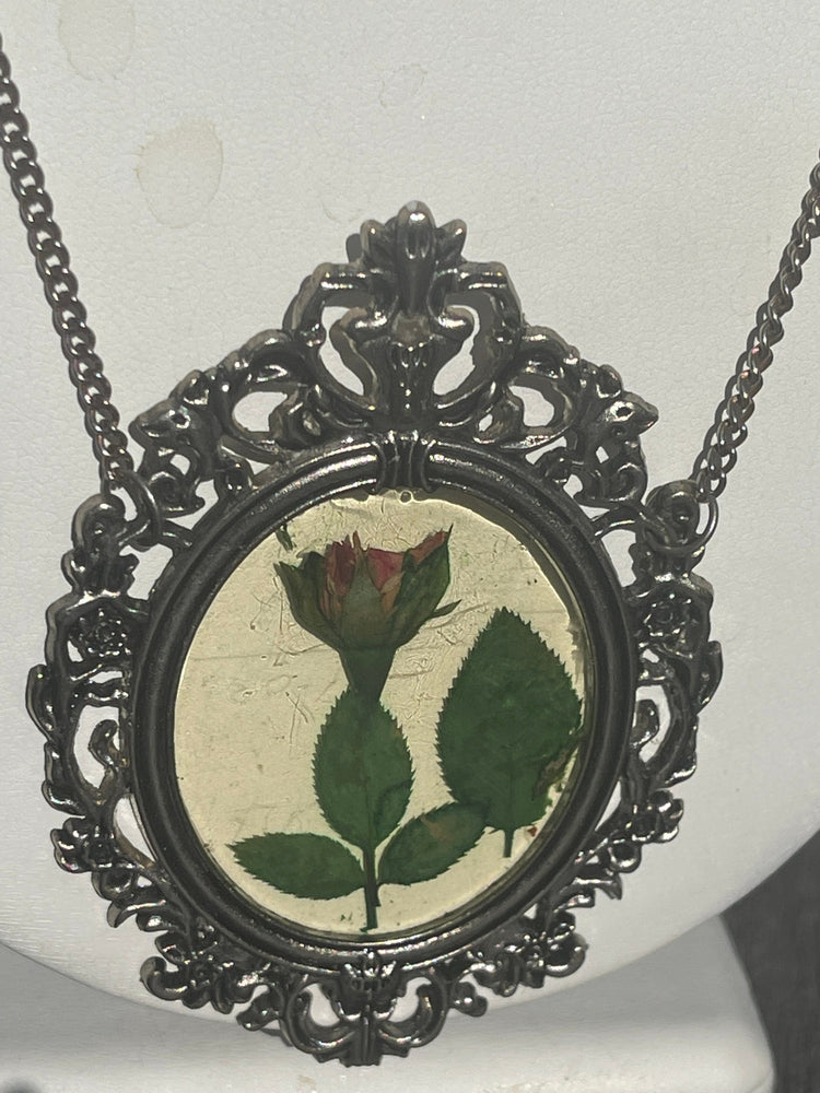 Big Vintage Botanical real Rose - Flowers Pendant Necklace Silver Tone