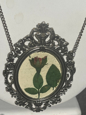 Big Vintage Botanical real Rose - Flowers Pendant Necklace Silver Tone