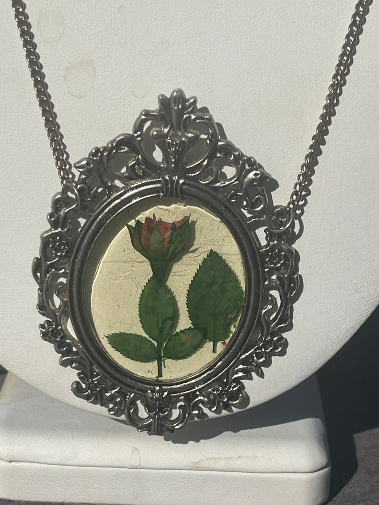 Big Vintage Botanical real Rose - Flowers Pendant Necklace Silver Tone