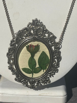 Big Vintage Botanical real Rose - Flowers Pendant Necklace Silver Tone