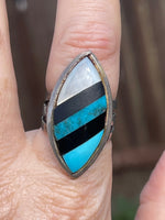Big Vintage Native American Indian Inlaid Turquoise Black Onyx and Mother Of Pearl Sterling Silver Size 8 Southwestern