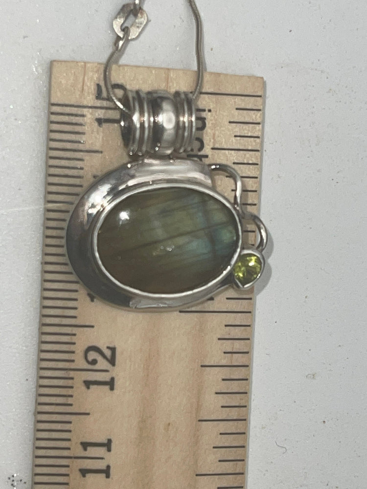Beautiful Labradorite Gemstone Pendant with Peridot Abstract Modernist Sterling Silver 925 w Chain 20.25 inches