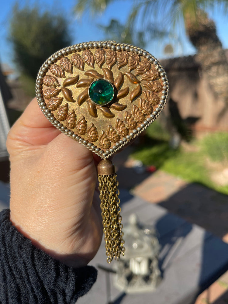 Huge Victorian - Art Deco Brass Brooch Green Glass Center  Tassels Fringe Big C Clasp