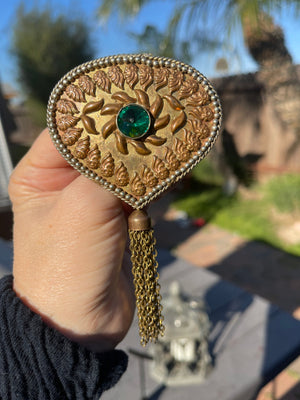 Huge Victorian - Art Deco Brass Brooch Green Glass Center  Tassels Fringe Big C Clasp