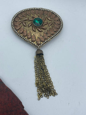 Huge Victorian - Art Deco Brass Brooch Green Glass Center  Tassels Fringe Big C Clasp