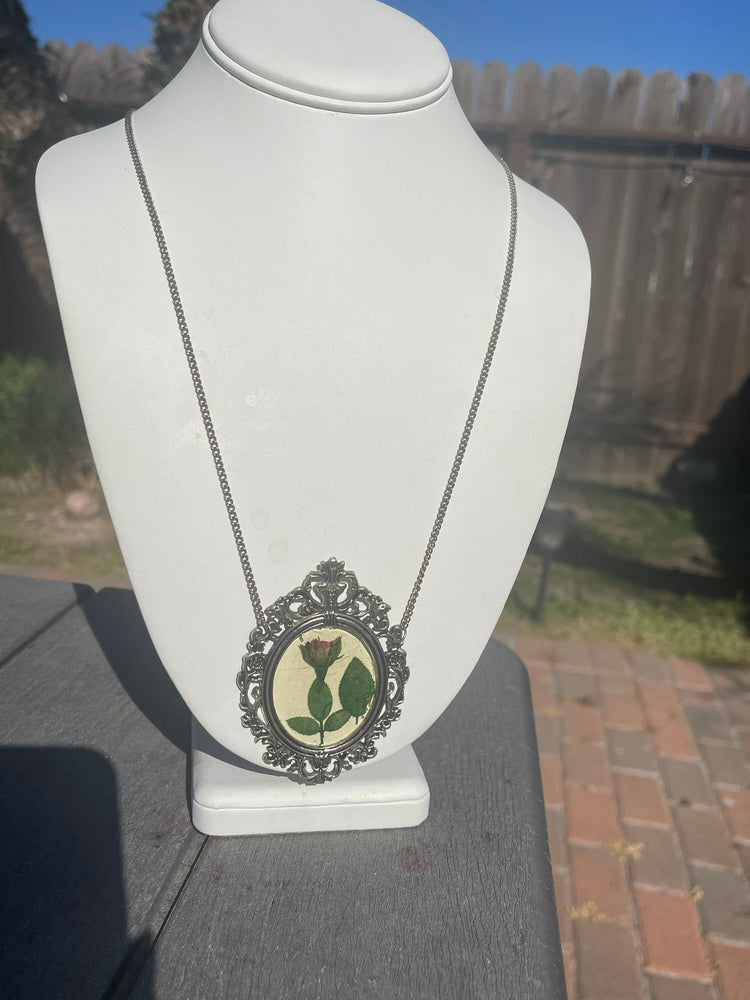 Big Vintage Botanical real Rose - Flowers Pendant Necklace Silver Tone