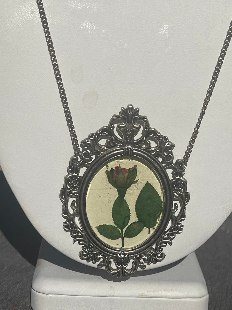 Big Vintage Botanical real Rose - Flowers Pendant Necklace Silver Tone