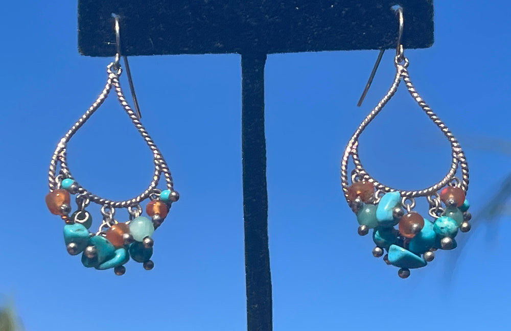 Vintage Designer Leach and Garner Rare Turquoise + Carnelian Gemstones Sterling Silver Dangles