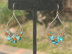 Vintage Designer Leach and Garner Rare Turquoise + Carnelian Gemstones Sterling Silver Dangles