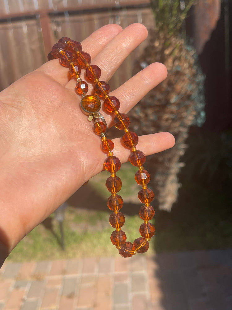 Antique Amber Faceted Glass Beaded Necklace Made in Western Germany Art Deco Cocktail