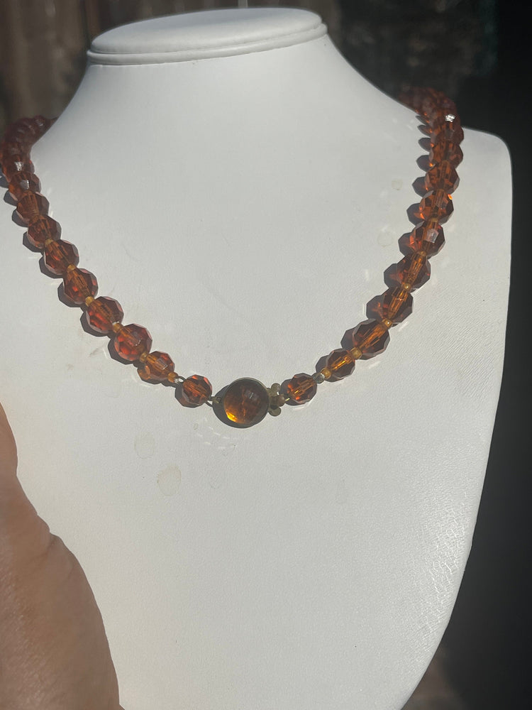 Antique Faceted Rust/Amber colored Glass Beaded Necklace Western Germany