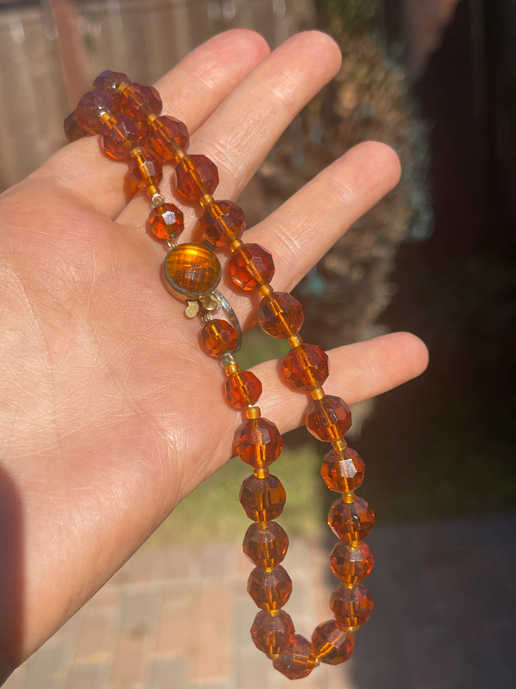 Antique Faceted Rust/Amber colored Glass Beaded Necklace Western Germany