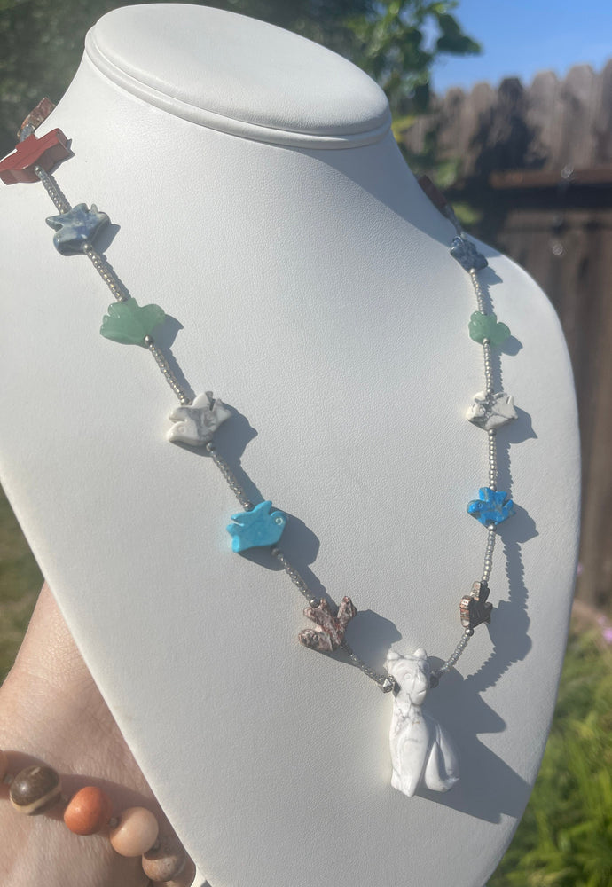 Unique Carved Kitty Cat + Birds Fetish Necklace White Buffalo AKA White Turquoise Kitten Multiple other Gemstones Southwestern - Native