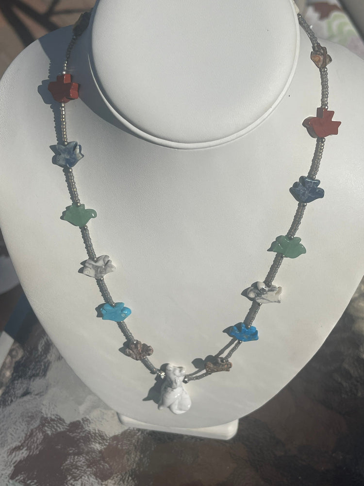 Unique Carved Kitty Cat + Birds Fetish Necklace White Buffalo AKA White Turquoise Kitten Multiple other Gemstones Southwestern - Native