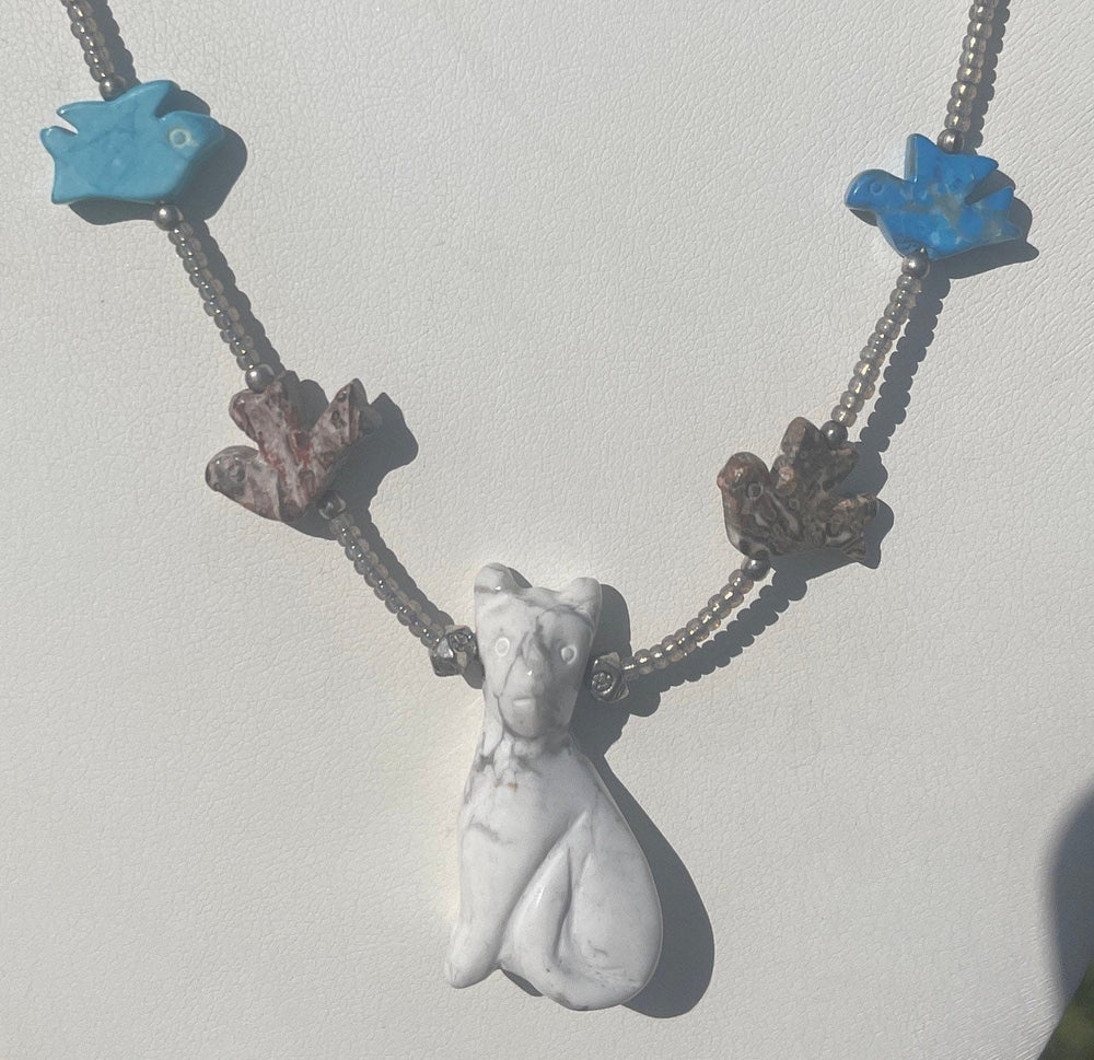 Unique Carved Kitty Cat + Birds Fetish Necklace White Buffalo AKA White Turquoise Kitten Multiple other Gemstones Southwestern - Native