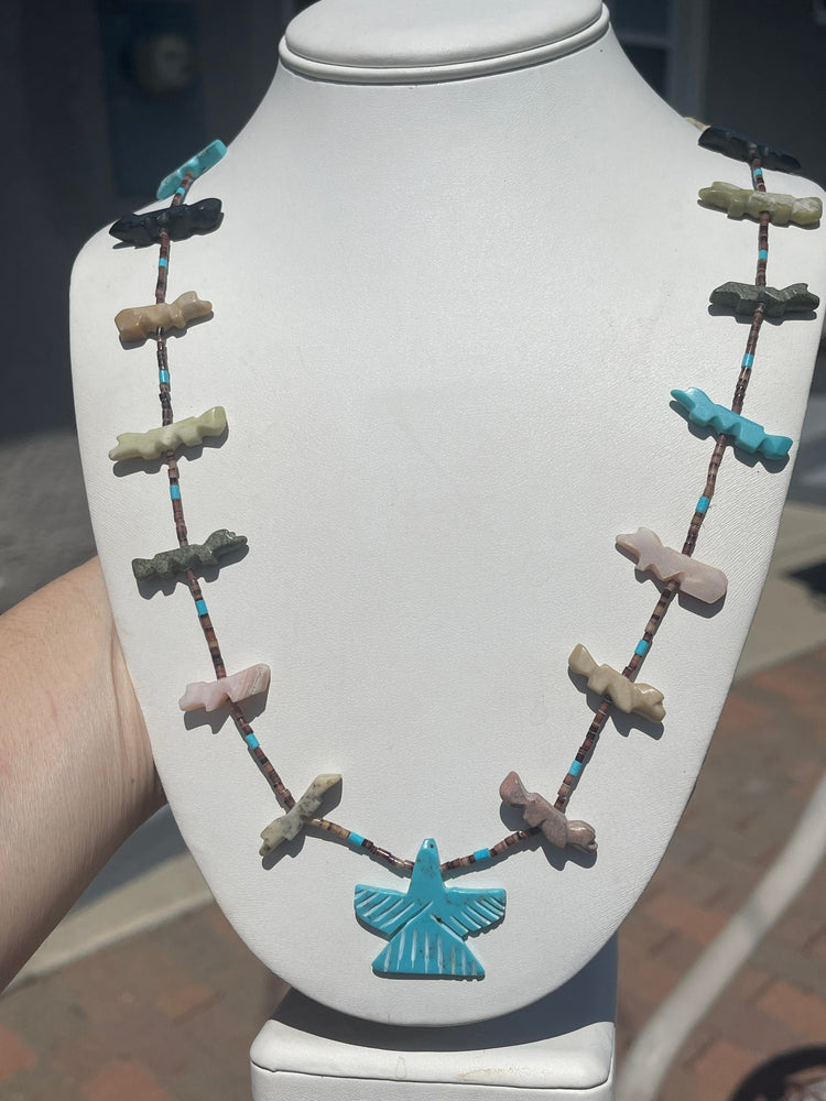Vintage Zuni Fetish Animals Necklace Turquoise Thunderbird Pendant Multiple Gemstones Southwestern Native American Indian Sterling Silver